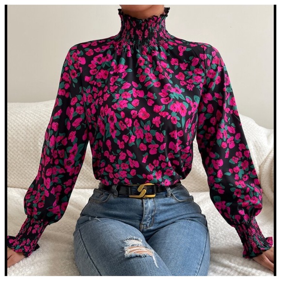 Floral Print Shirred Frill Neck Lantern
Sleeve Blouse New - Picture 3 of 6